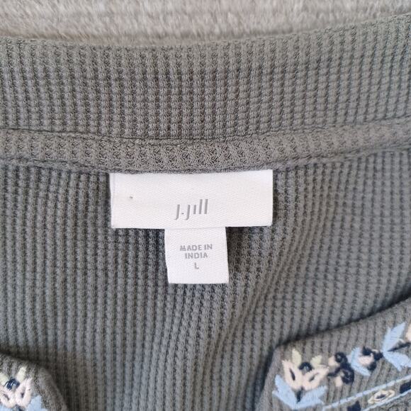 J Jill Top Women L Green Thermal Waffle Embroidery Minimal‎ V Neck Casual - Picture 3 of 9